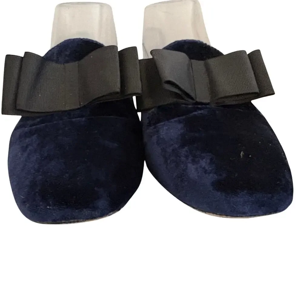 Joie Jean Navy Blue Velvet Leather Mules w/ Bow Flat Slides Glam Coquette